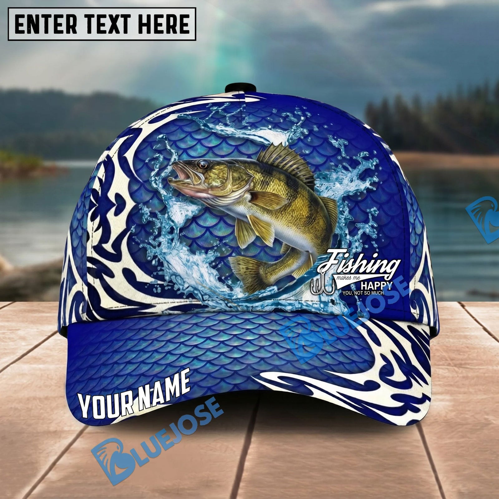 BlueJose Fishing Scale Pattern Ocean Wave Style Personalized Name Classic 3D Cap Personalized Cap (13 Breeds)