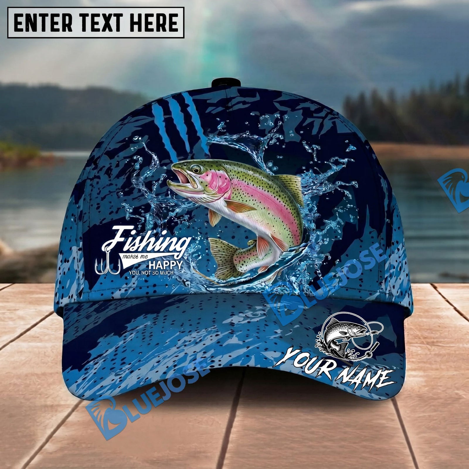 BlueJose Fishing Blue Scratch Camo Water Splash Personalized Name Classic 3D Cap Personalized Cap (13 Breeds)
