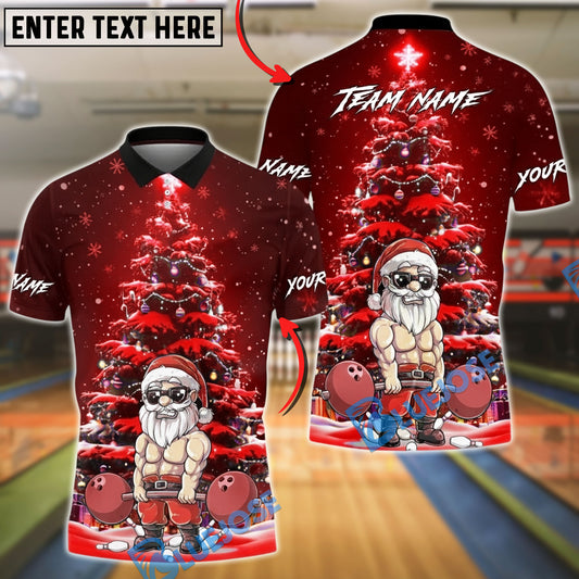 BlueJose Bowling And Pins Muscular Santa Christmas Tree Night Scene Customized Name, Team Name 3D Shirt (4 Colors)