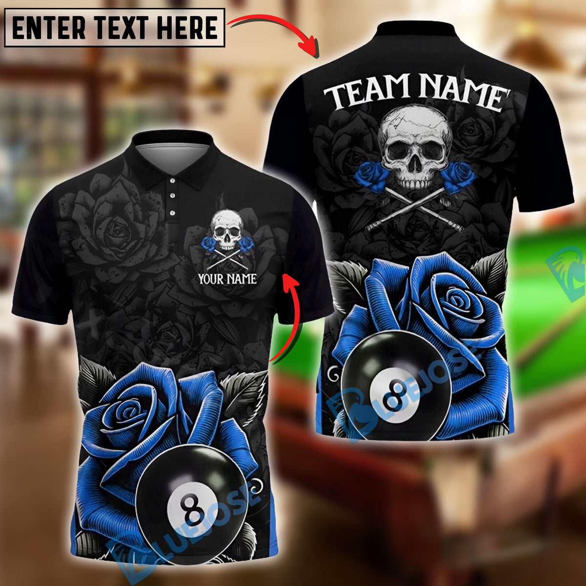 BlueJose Billiards 8 Ball Rose Skull Personalized Name Shirt (4 Colors)