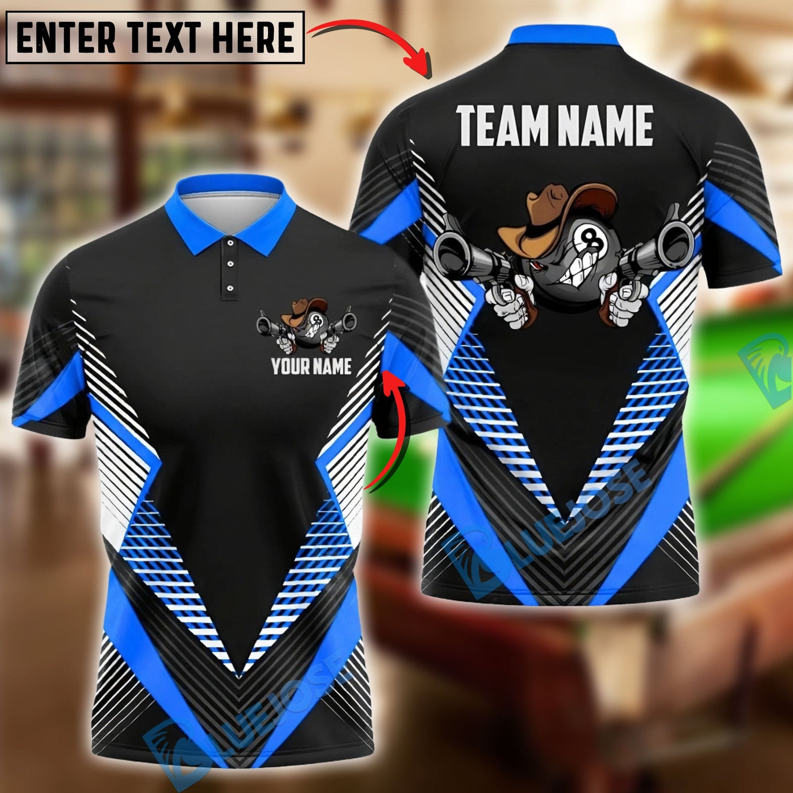 BlueJose Billiards Ball 8 Funny Cowboy Gunslinger Personalized Name, Team Name Unisex Shirt (6 Colors)