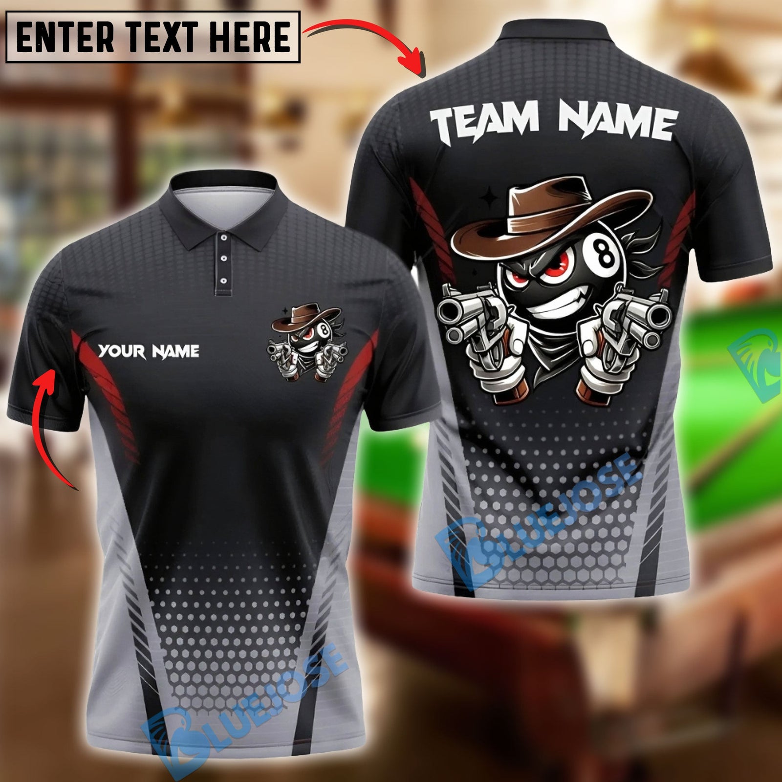 BlueJose Billiards Ball 8 Funny Cowboy Gunslinger Character Customized Name, Team Name 3D Shirt (6 Colors)