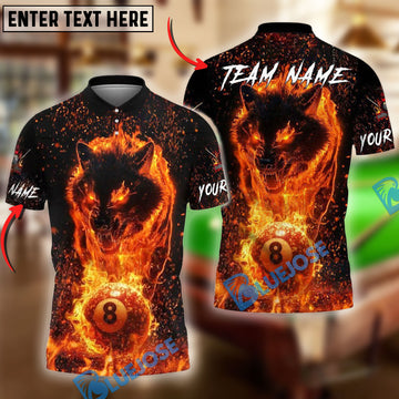 BlueJose Billiards Ball 8 Fire Wolf Personalized Name, Team Name Shirt (6 Colors)