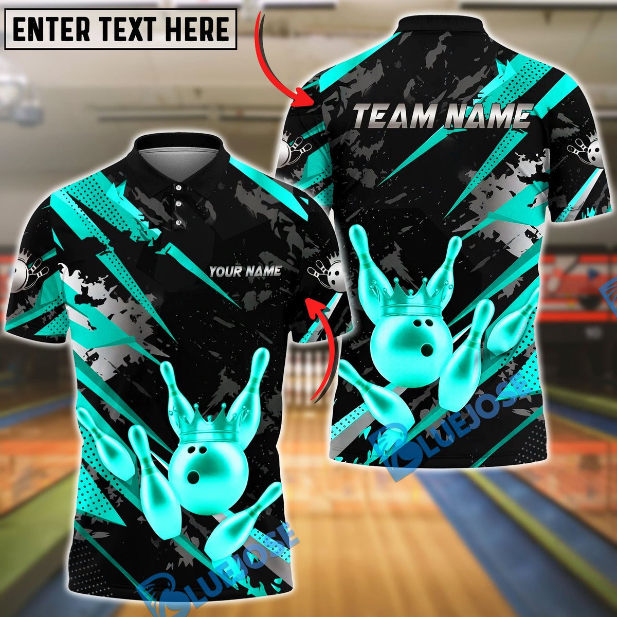 BlueJose Bowling And Pins King Crown Gold Black Grunge Customized Name, Team Name 3D Shirt (6 Colors)