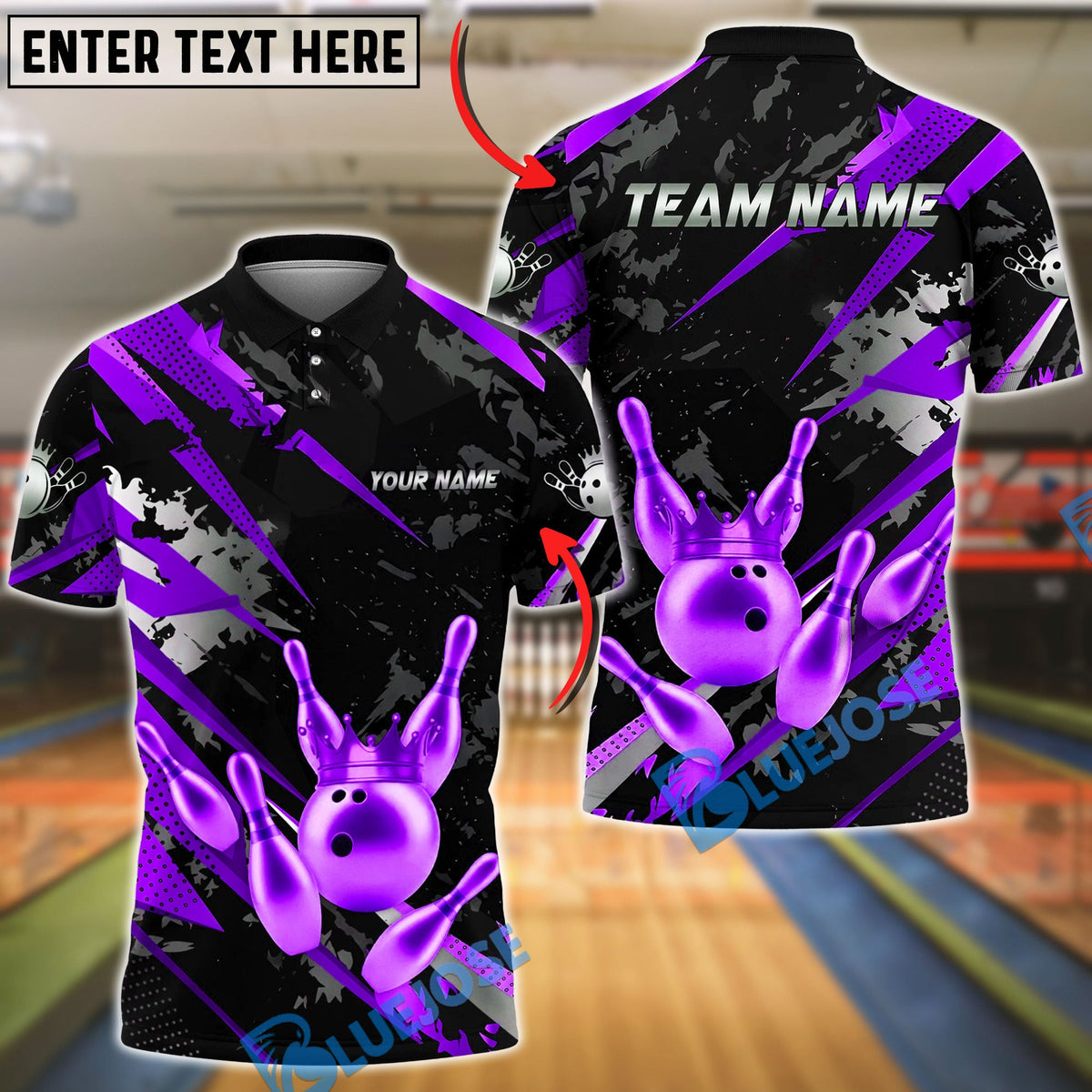 BlueJose Bowling And Pins King Crown Gold Black Grunge Customized Name, Team Name 3D Shirt (6 Colors)