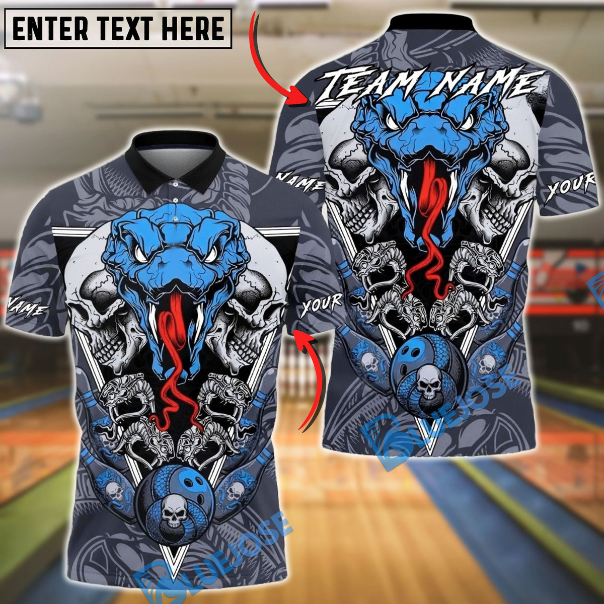 BlueJose Bowling &amp; Pins Skull Snake Gothic Art Customized Name, Team Name 3D Shirt (4 Colors)