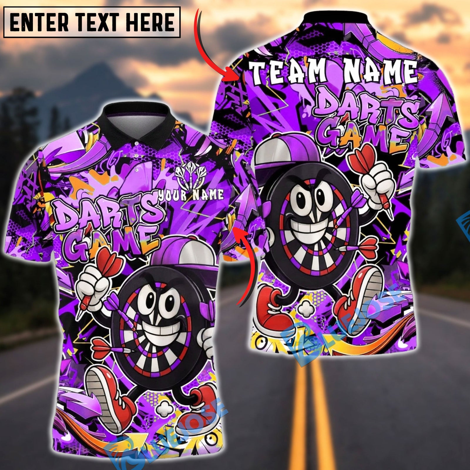 BlueJose Darts Cartoon Dartboard Character Graffiti Style Multicolor Options Personalized Name Shirt (4 Colors)