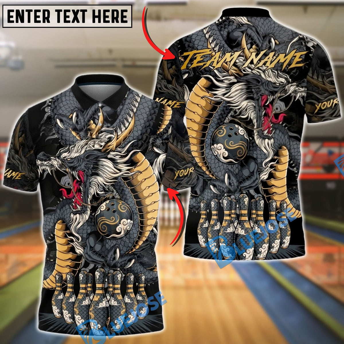 BlueJose Bowling &amp; Pins Strike Asian Dragon Art Customized Name, Team Name 3D Shirt (4 Colors)