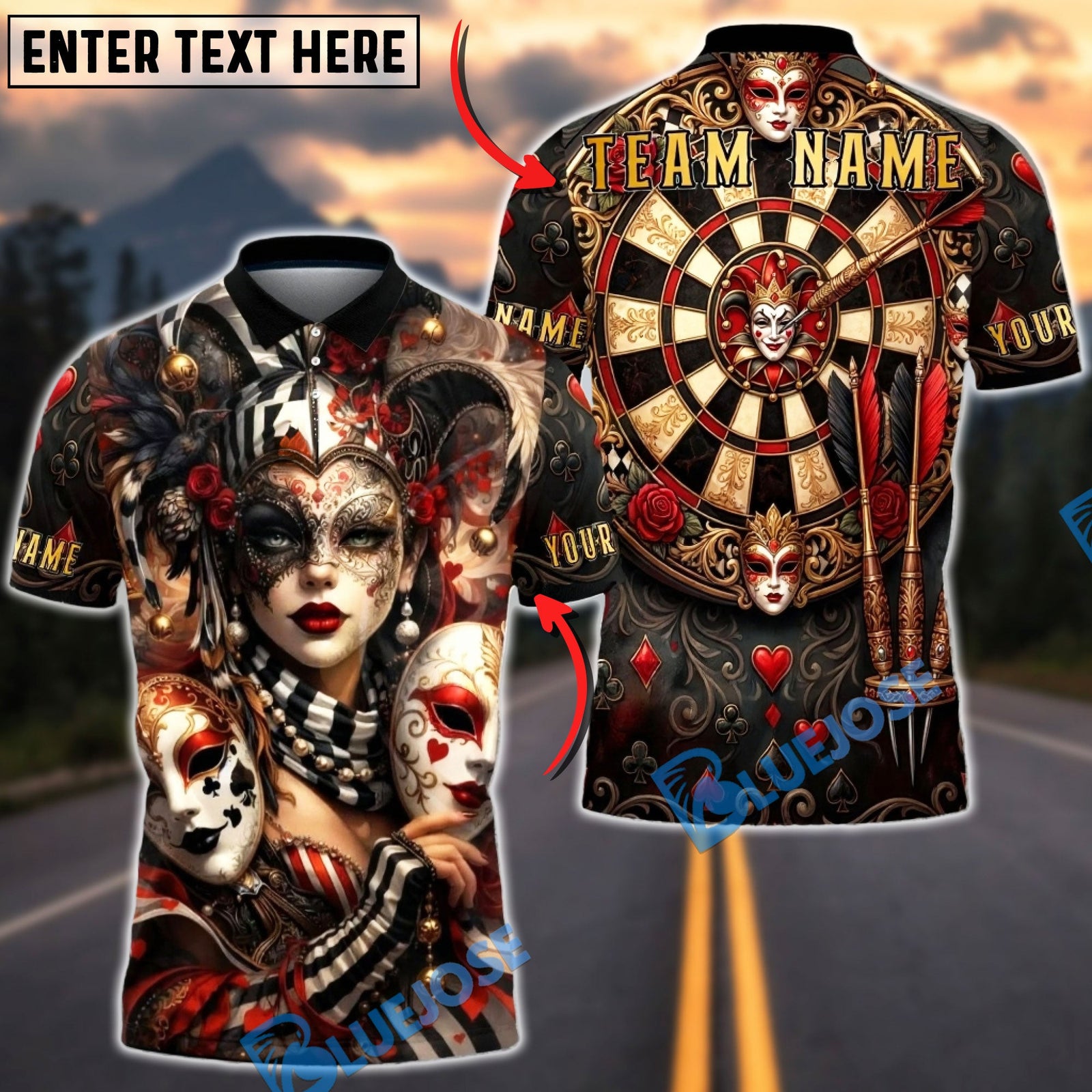 BlueJose Darts Joker Mask Dartboard Casino Style Multicolor Options Personalized Name Shirt (4 Colors)