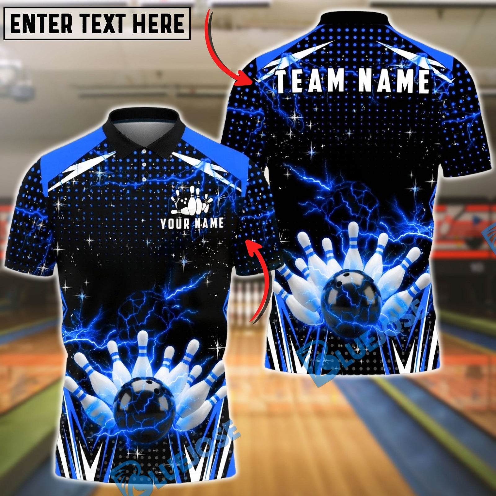 BlueJose Bowling & Pins Lightning Strike Energy Customized Name, Team Name 3D Shirt (6 Colors)