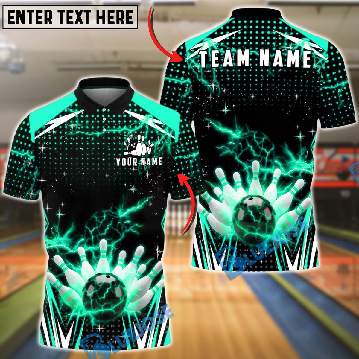 BlueJose Bowling & Pins Lightning Strike Energy Customized Name, Team Name 3D Shirt (6 Colors)