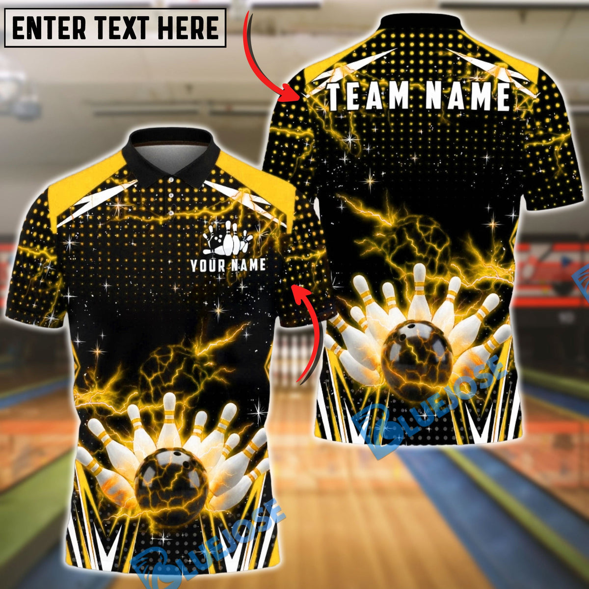BlueJose Bowling &amp; Pins Lightning Strike Energy Customized Name, Team Name 3D Shirt (6 Colors)