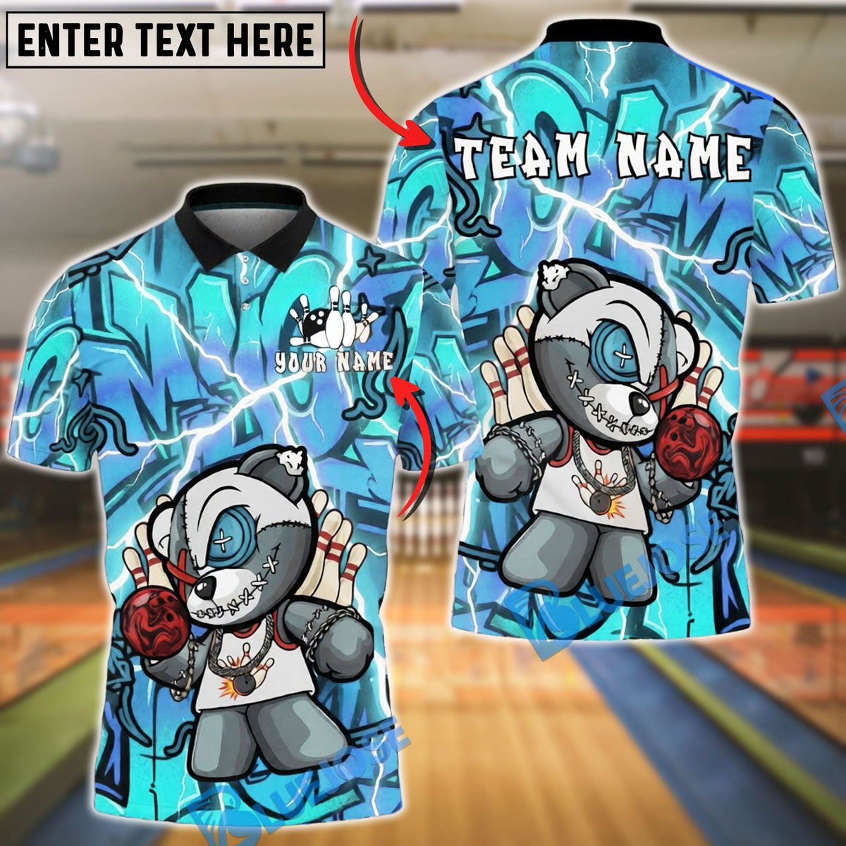 BlueJose Bowling & Pins Street Graffiti Teddy Bear Style Customized Name, Team Name 3D Shirt (4 Colors)
