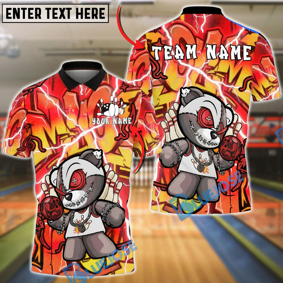 BlueJose Bowling &amp; Pins Street Graffiti Teddy Bear Style Customized Name, Team Name 3D Shirt (4 Colors)
