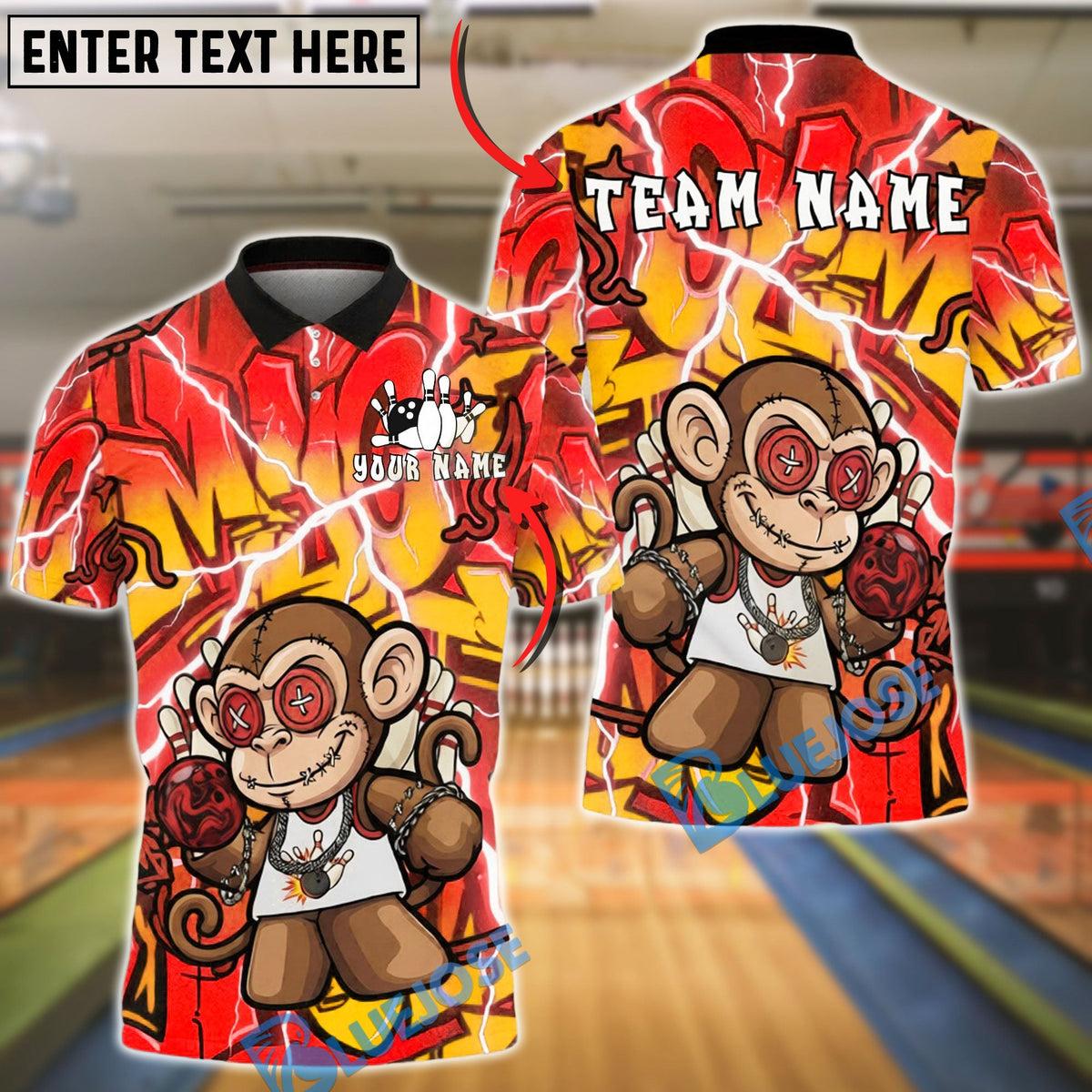 BlueJose Bowling &amp; Pins Graffiti Monkey Urban Street Style Customized Name, Team Name 3D Shirt (4 Colors)