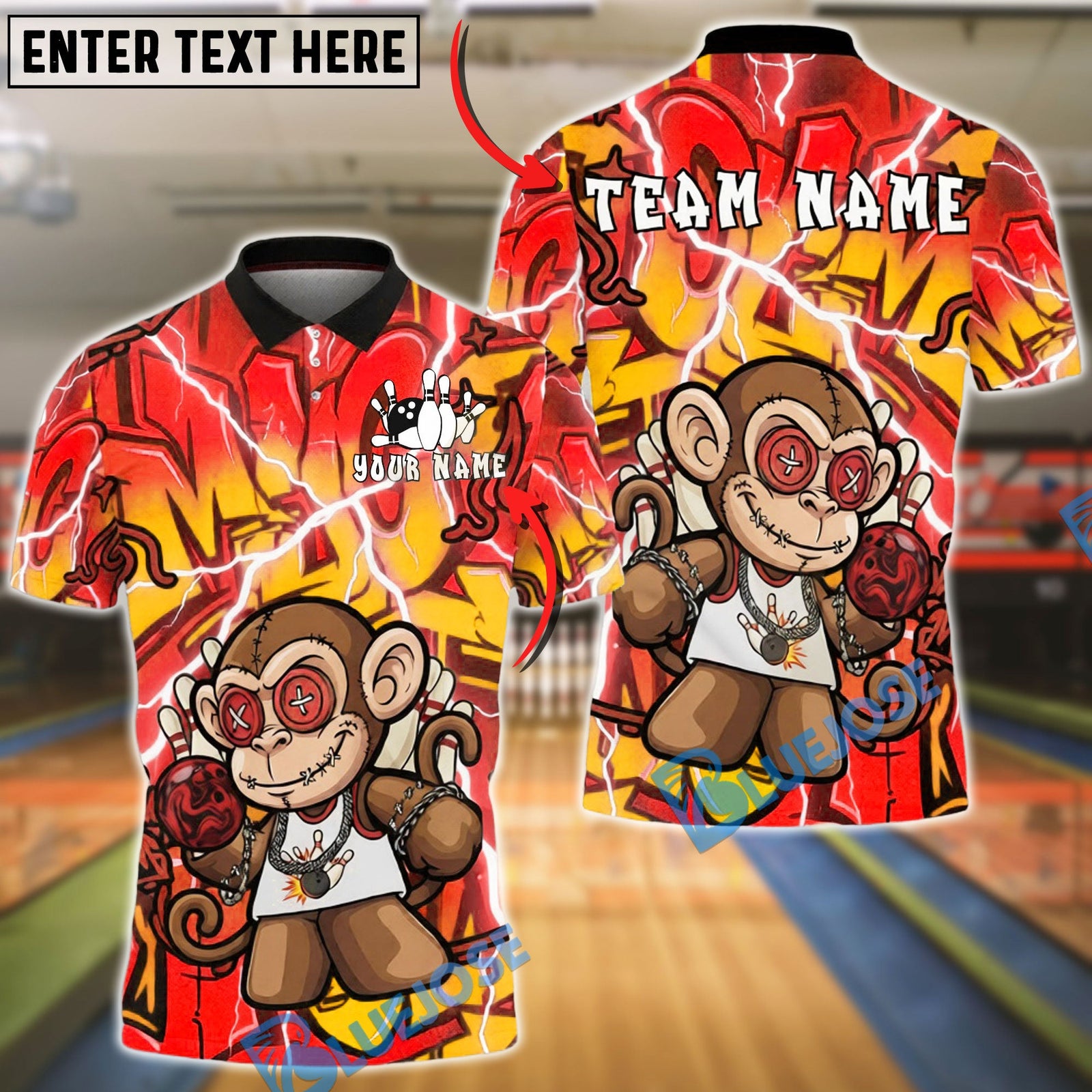 BlueJose Bowling & Pins Graffiti Monkey Urban Street Style Customized Name, Team Name 3D Shirt (4 Colors)