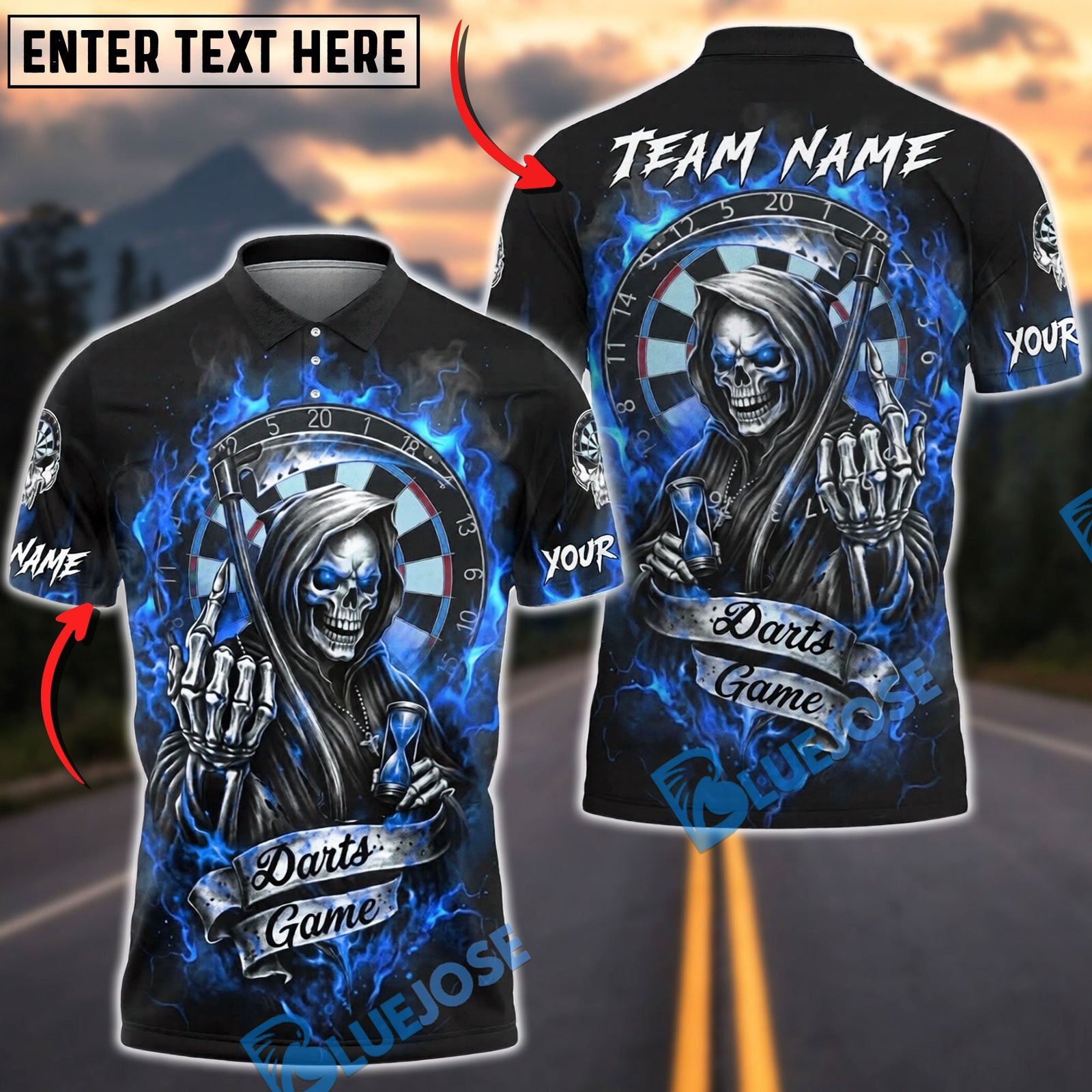 BlueJose Darts Grim Reaper Flame Dartboard Dark Style Personalized Name, Team Name Unisex Shirt (4 Colors)