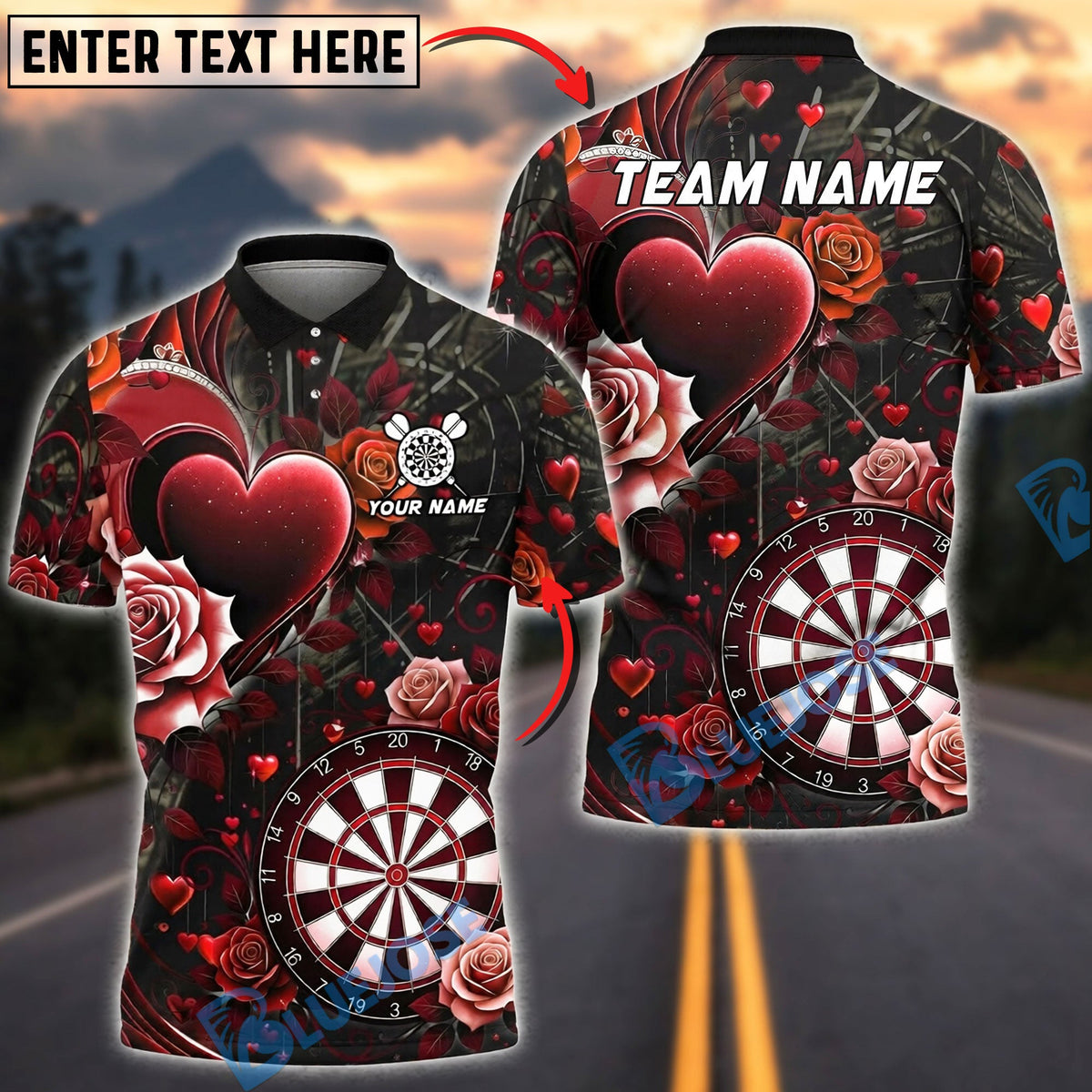 BlueJose Darts Love Heart &amp; Rose Gothic Design Personalized Name, Team Name Unisex Shirt (4 Colors)