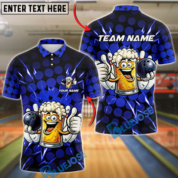 BlueJose Bowling And Pins Beer Mug Lightning Polka Dot Customized Name, Team Name 3D Shirt (6 Colors)