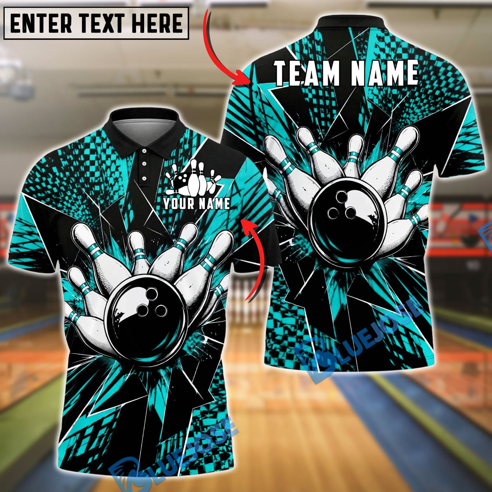 BlueJose Bowling And Pins Impact Black Shatter Customized Name, Team Name 3D Shirt (4 Colors)