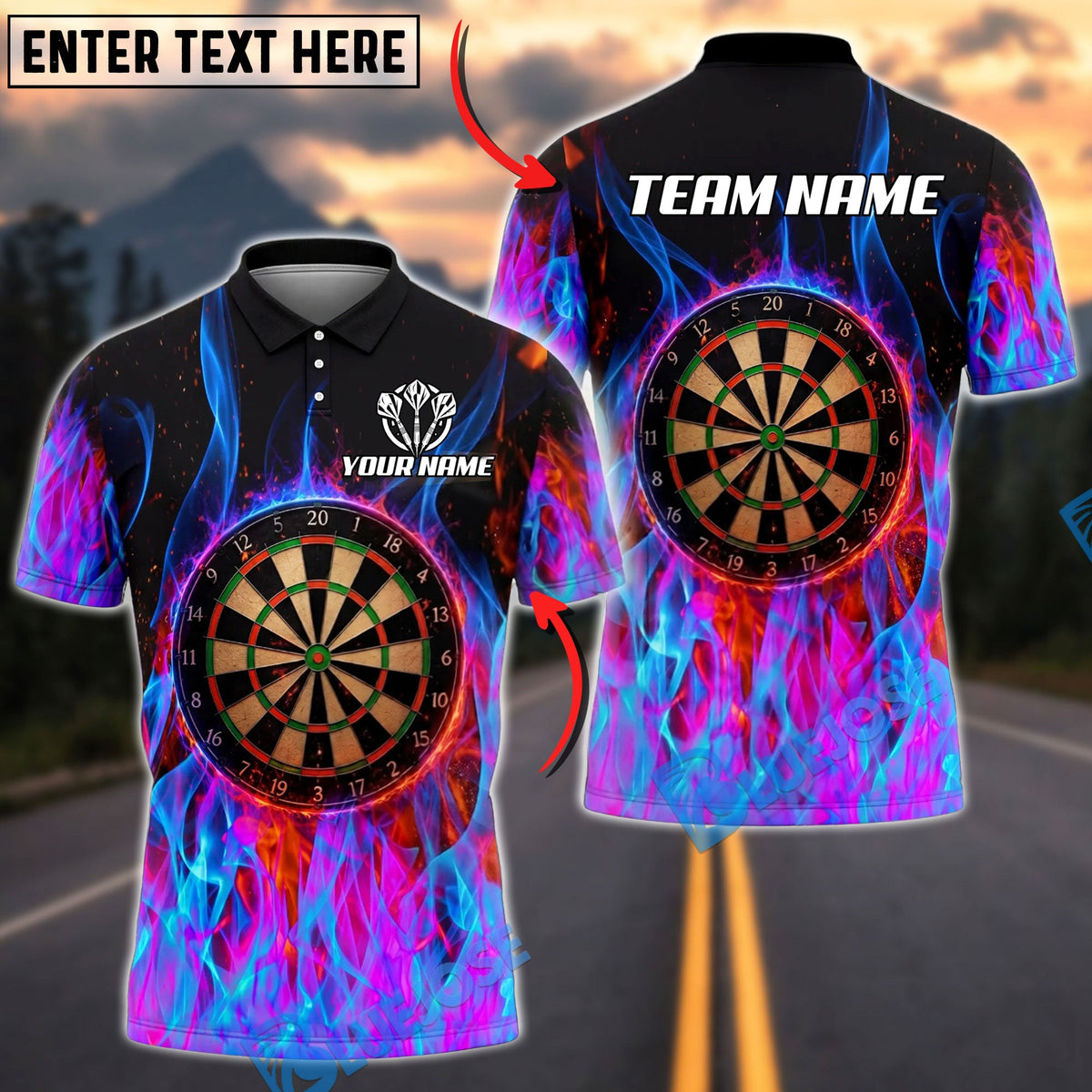 BlueJose Darts Dartboard Neon Flame Firestorm Personalized Name Shirt