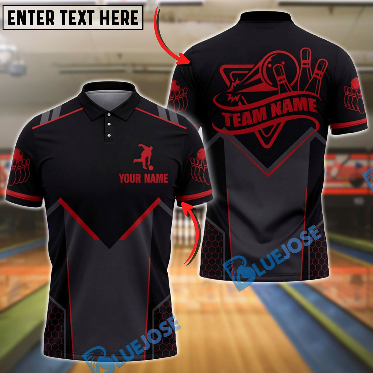 BlueJose Bowling And Pins Team Strike Black Performance Customized Name, Team Name 3D Shirt (4 Colors)