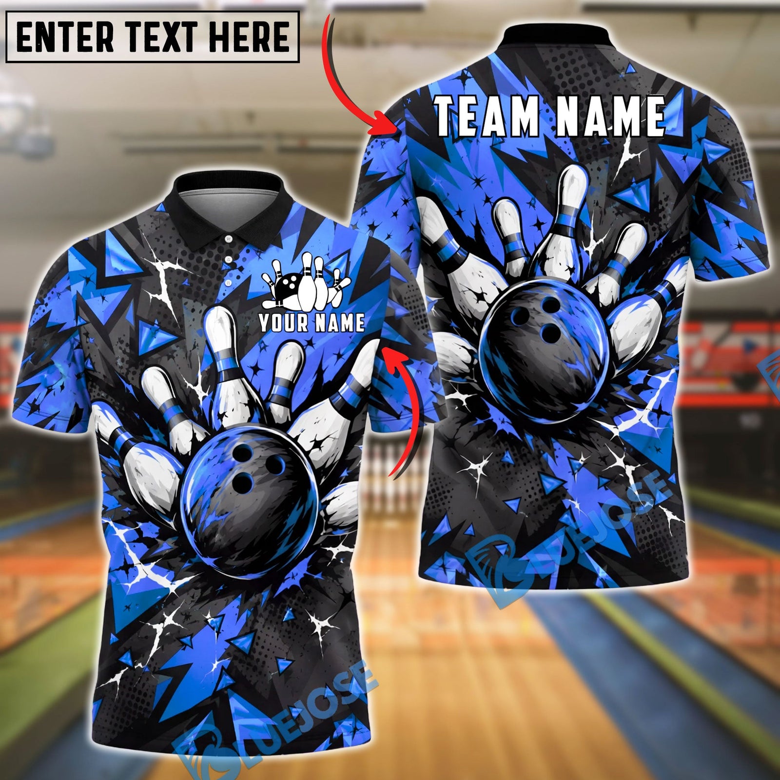 BlueJose Bowling And Pins Burst Geometric Customized Name, Team Name 3D Shirt (6 Colors)
