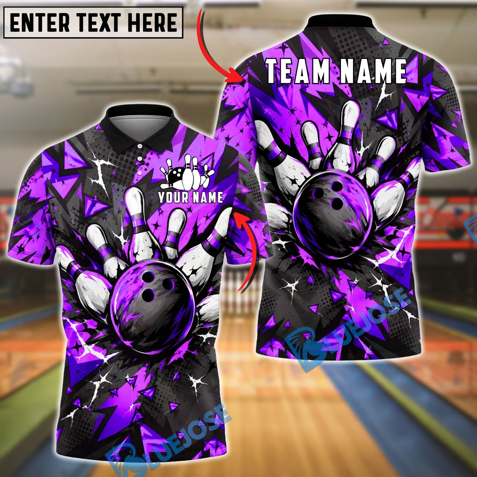 BlueJose Bowling And Pins Burst Geometric Customized Name, Team Name 3D Shirt (6 Colors)