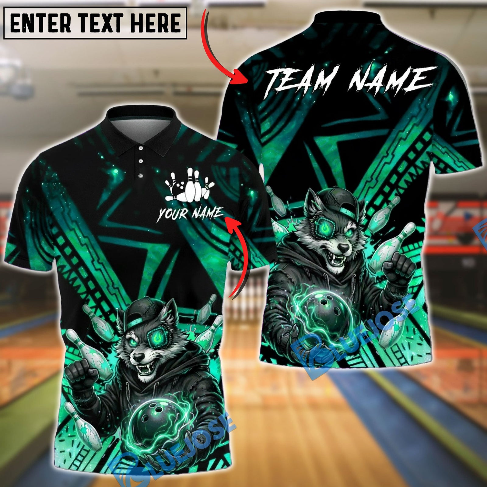 BlueJose Bowling & Pins Wolf Lightning Strike Neon Galaxy Customized Name, Team Name 3D Shirt (4 Colors)