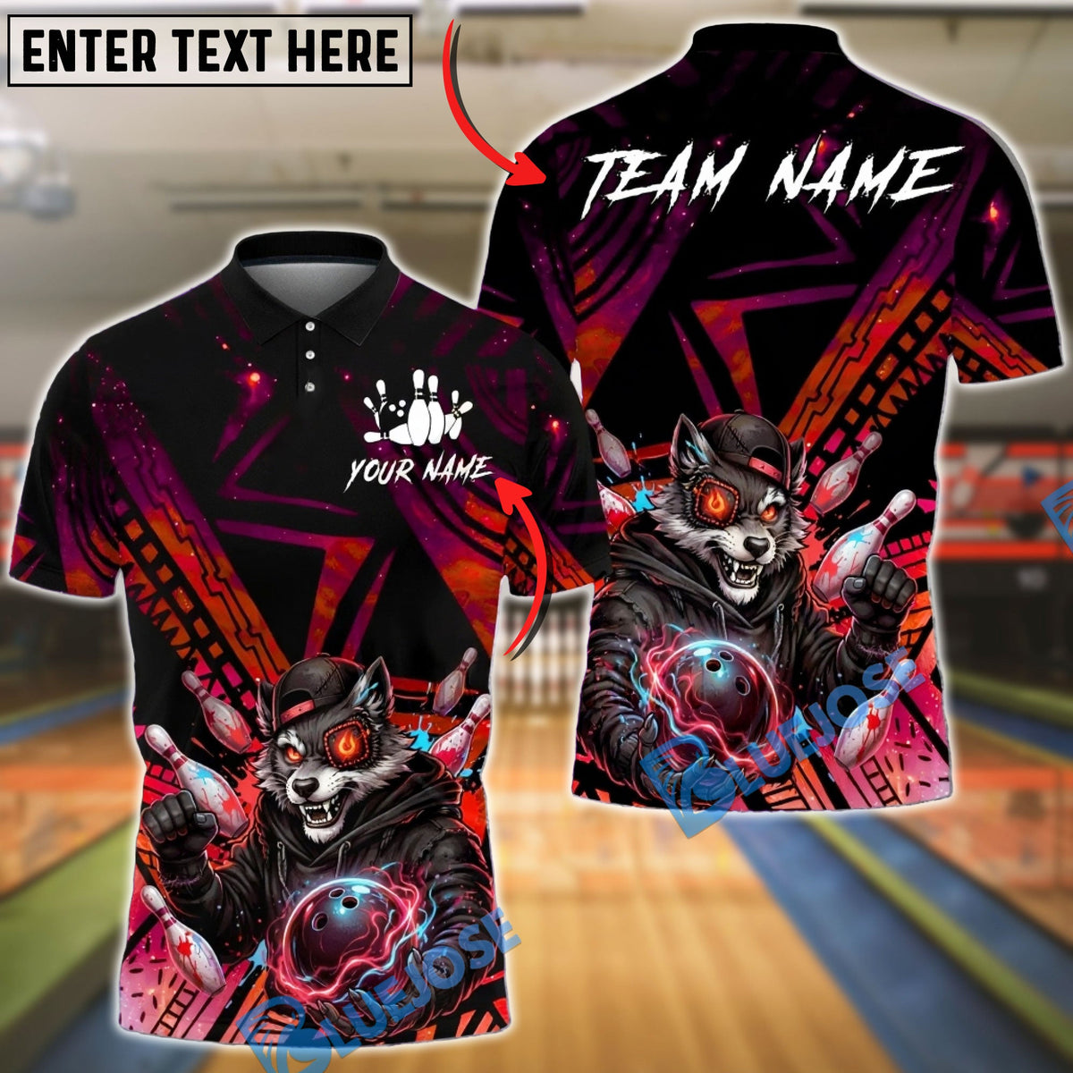 BlueJose Bowling &amp; Pins Wolf Lightning Strike Neon Galaxy Customized Name, Team Name 3D Shirt (4 Colors)
