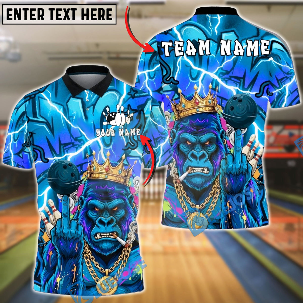 BlueJose Bowling &amp; Pins Gorilla King Graffiti Lightning Customized Name, Team Name 3D Shirt (4 Colors)