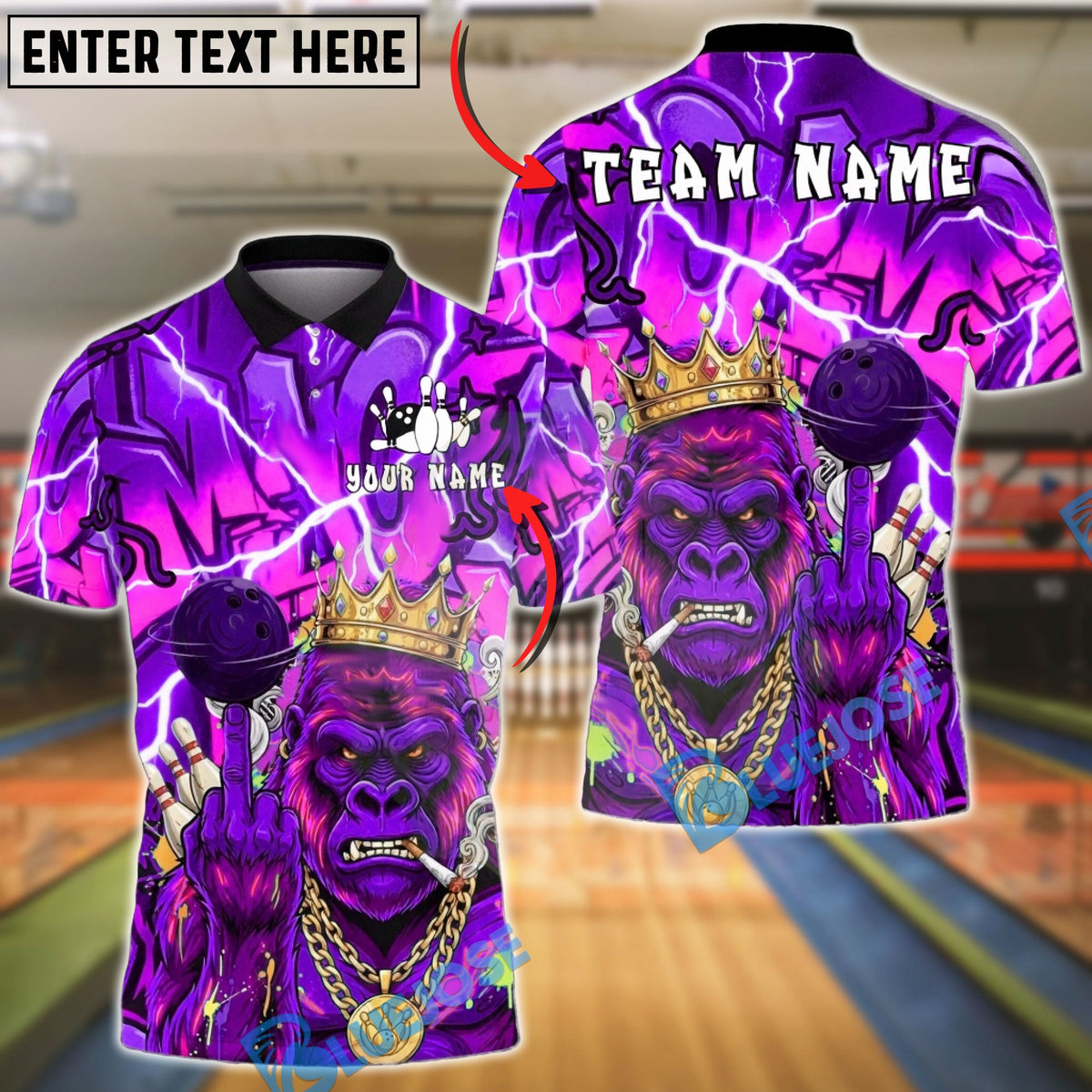 BlueJose Bowling & Pins Gorilla King Graffiti Lightning Customized Name, Team Name 3D Shirt (4 Colors)