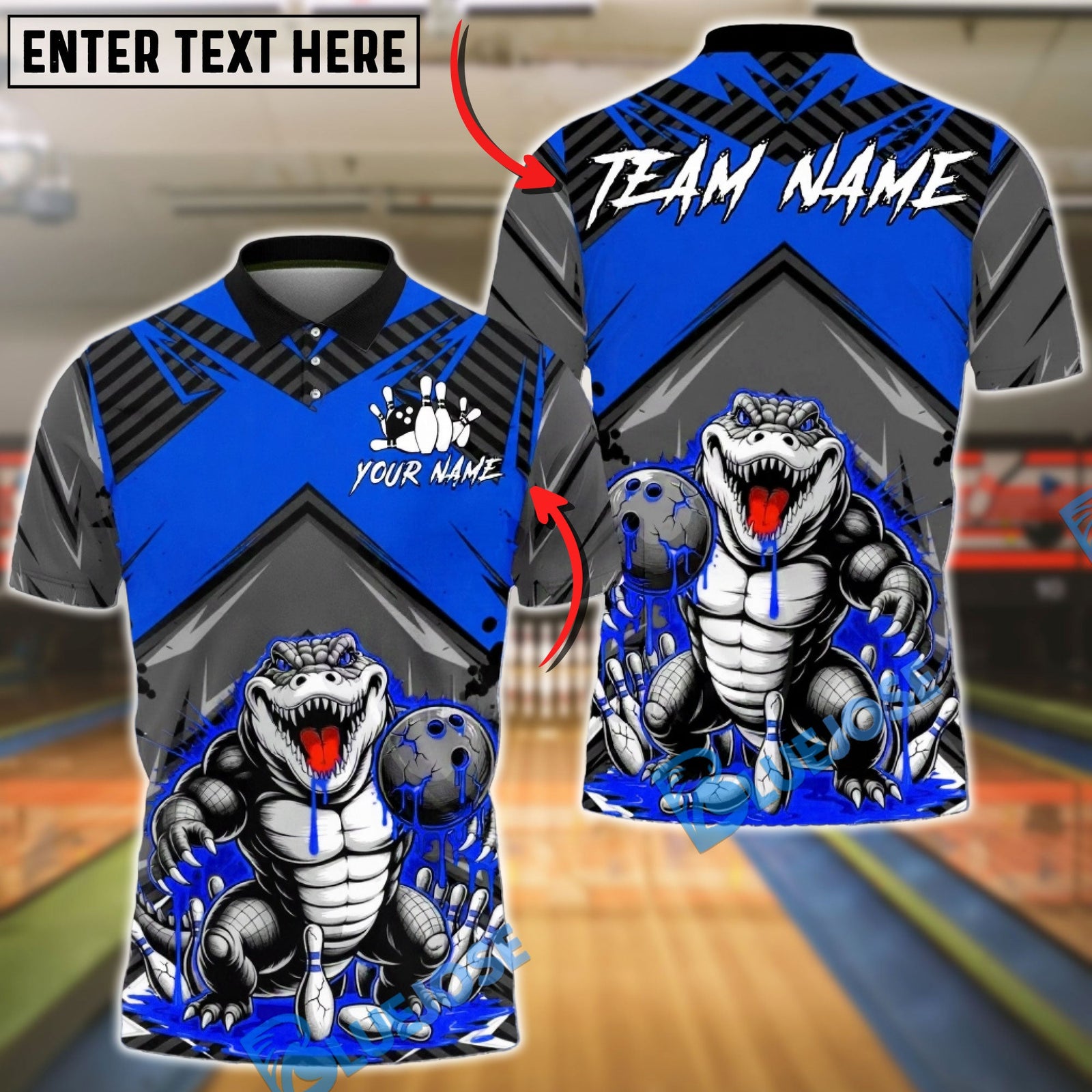 BlueJose Bowling & Pins Alligator Slime Monster Cartoon Customized Name, Team Name 3D Shirt (4 Colors)