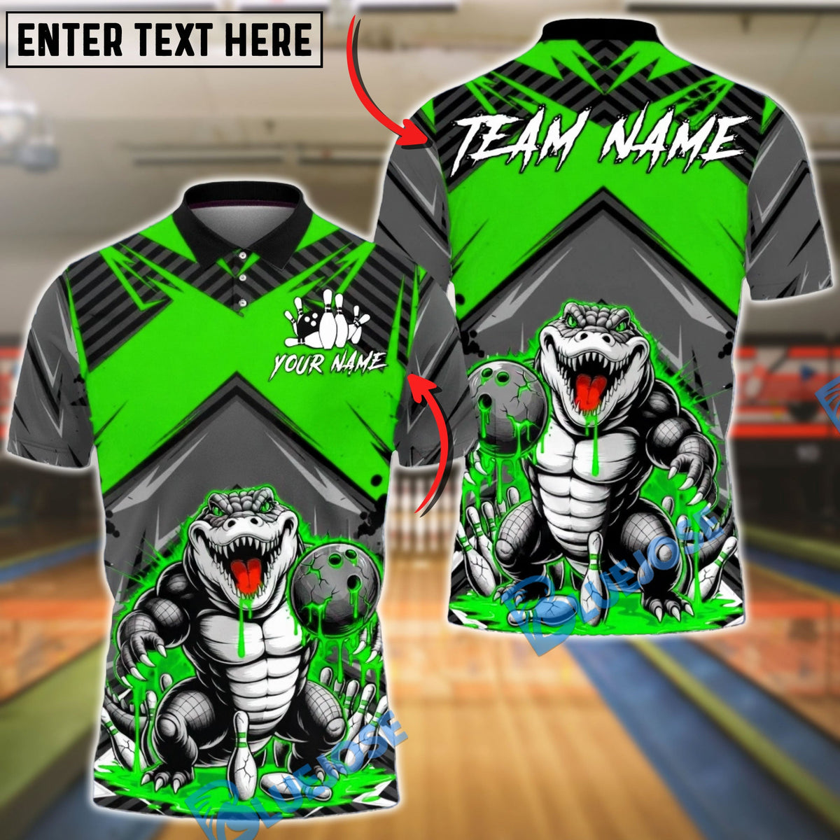 BlueJose Bowling &amp; Pins Alligator Slime Monster Cartoon Customized Name, Team Name 3D Shirt (4 Colors)