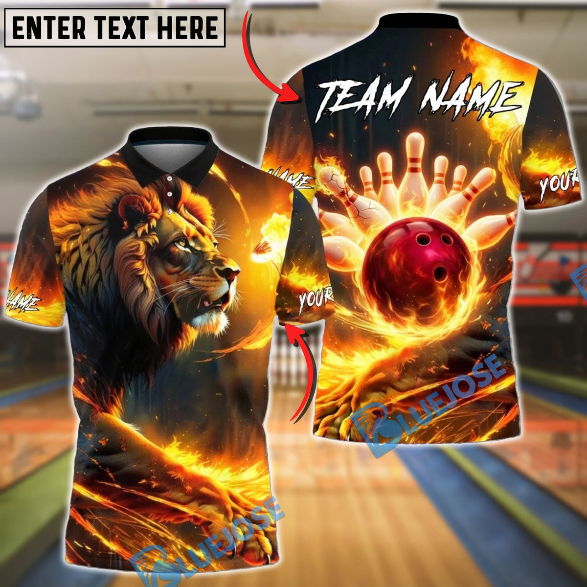 BlueJose Bowling &amp; Pins Lion Fire Strike Flame Art Customized Name, Team Name 3D Shirt (4 Colors)
