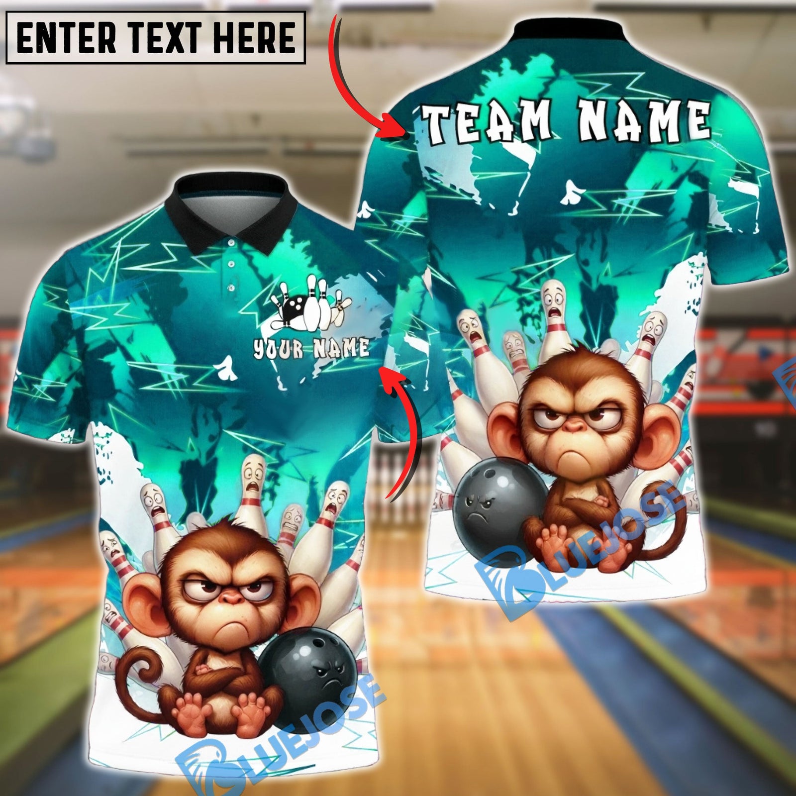 BlueJose Bowling & Pins Monkey Angry Cartoon Strike Customized Name, Team Name 3D Shirt (4 Colors)