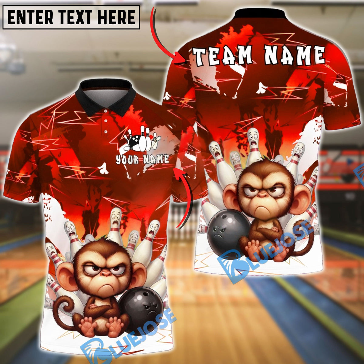 BlueJose Bowling &amp; Pins Monkey Angry Cartoon Strike Customized Name, Team Name 3D Shirt (4 Colors)