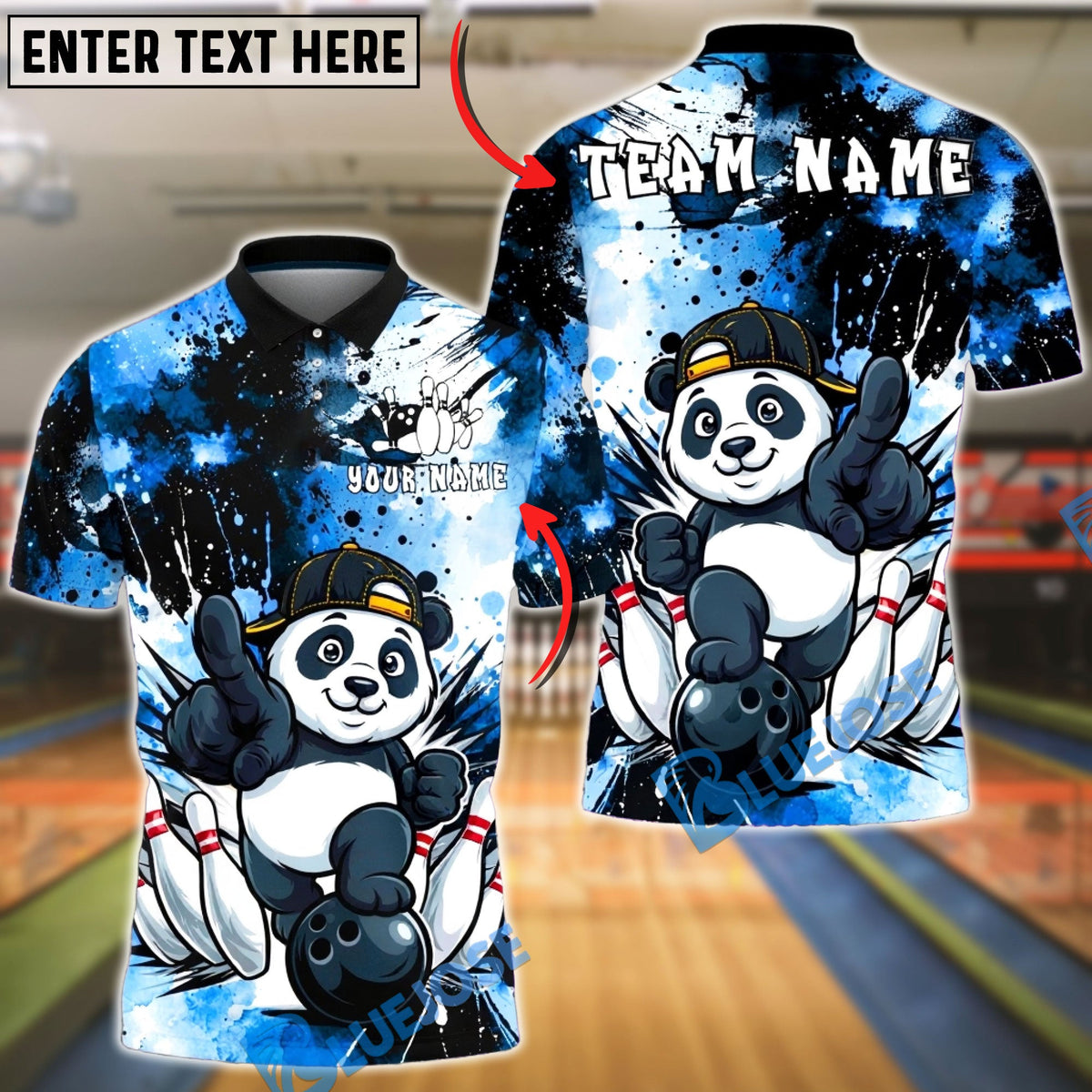 BlueJose Bowling &amp; Pins Panda Street Style Cartoon Customized Name, Team Name 3D Shirt (4 Colors)