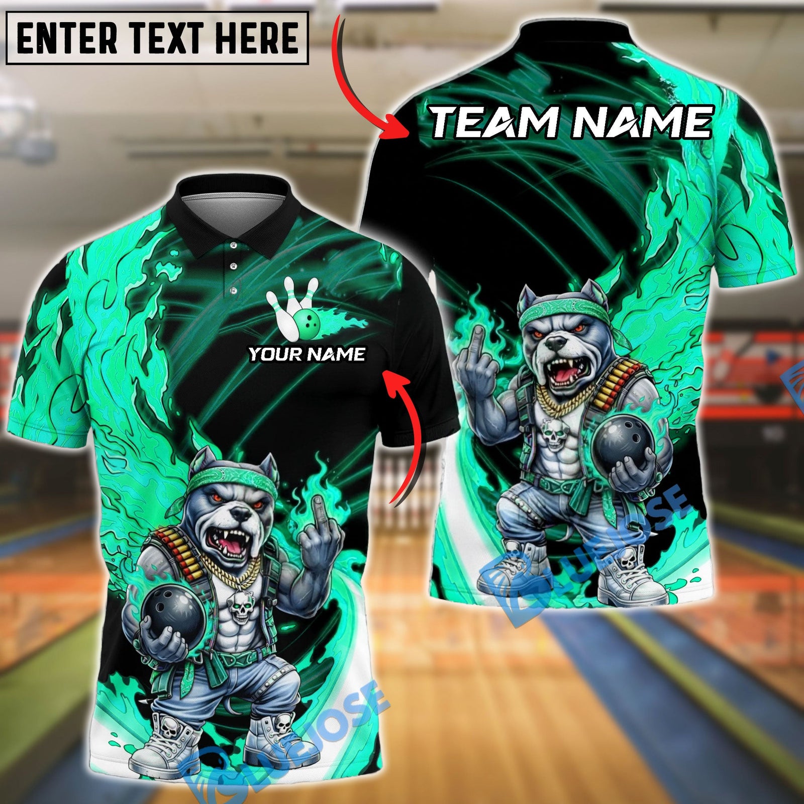 BlueJose Bowling & Pins Bulldog Flame Biker Style Customized Name, Team Name 3D Shirt (4 Colors)