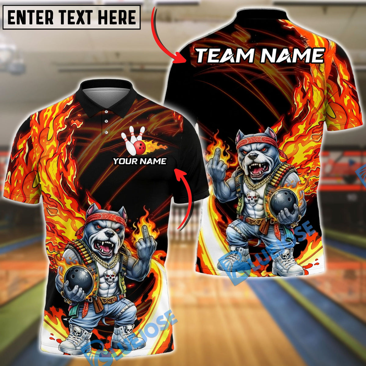 BlueJose Bowling &amp; Pins Bulldog Flame Biker Style Customized Name, Team Name 3D Shirt (4 Colors)