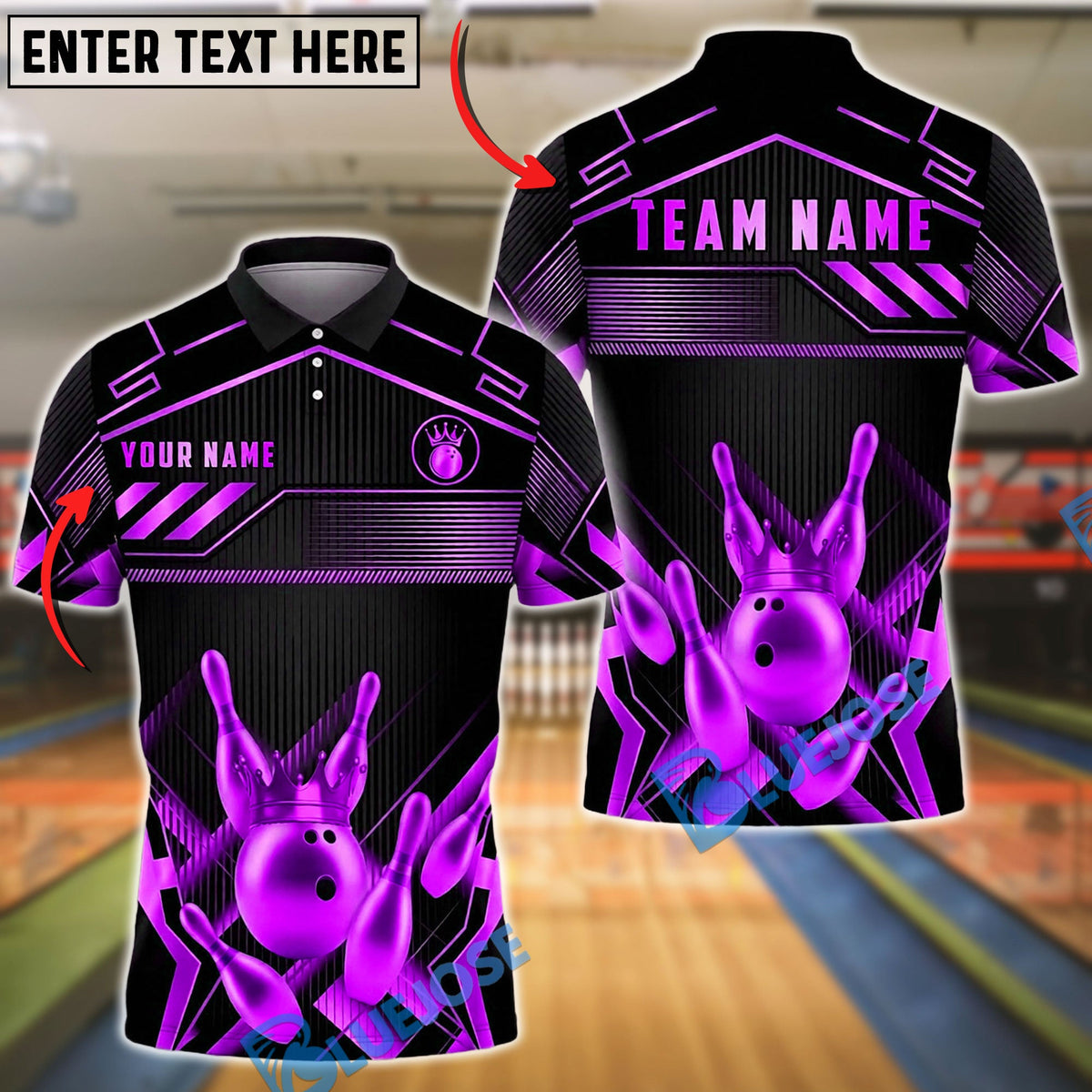 BlueJose Bowling And Pins Crown Gold Luxury Geometric Sport Style Customized Name, Team Name 3D Shirt (6 Colors)