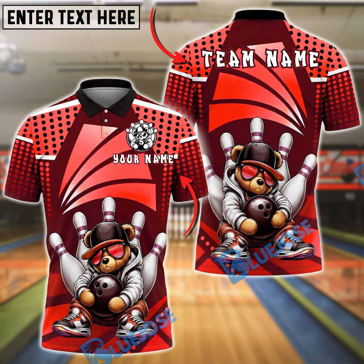 BlueJose Bowling And Pins Bear Hip Hop Retro Neon Style Customized Name, Team Name 3D Shirt (4 Colors)