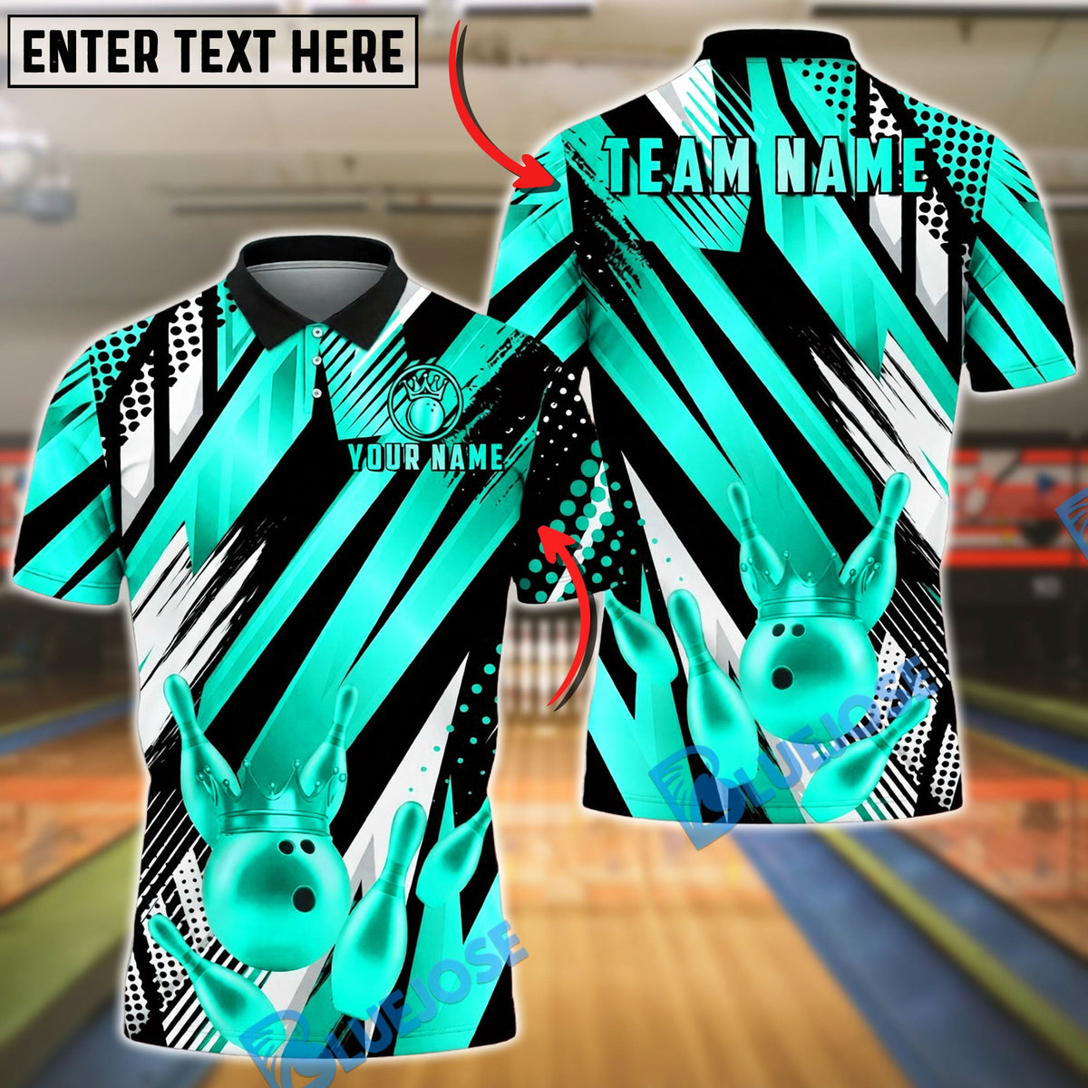 BlueJose Bowling And Pins Crown Gold Abstract Stripe Style Customized Name, Team Name 3D Shirt (6 Colors)