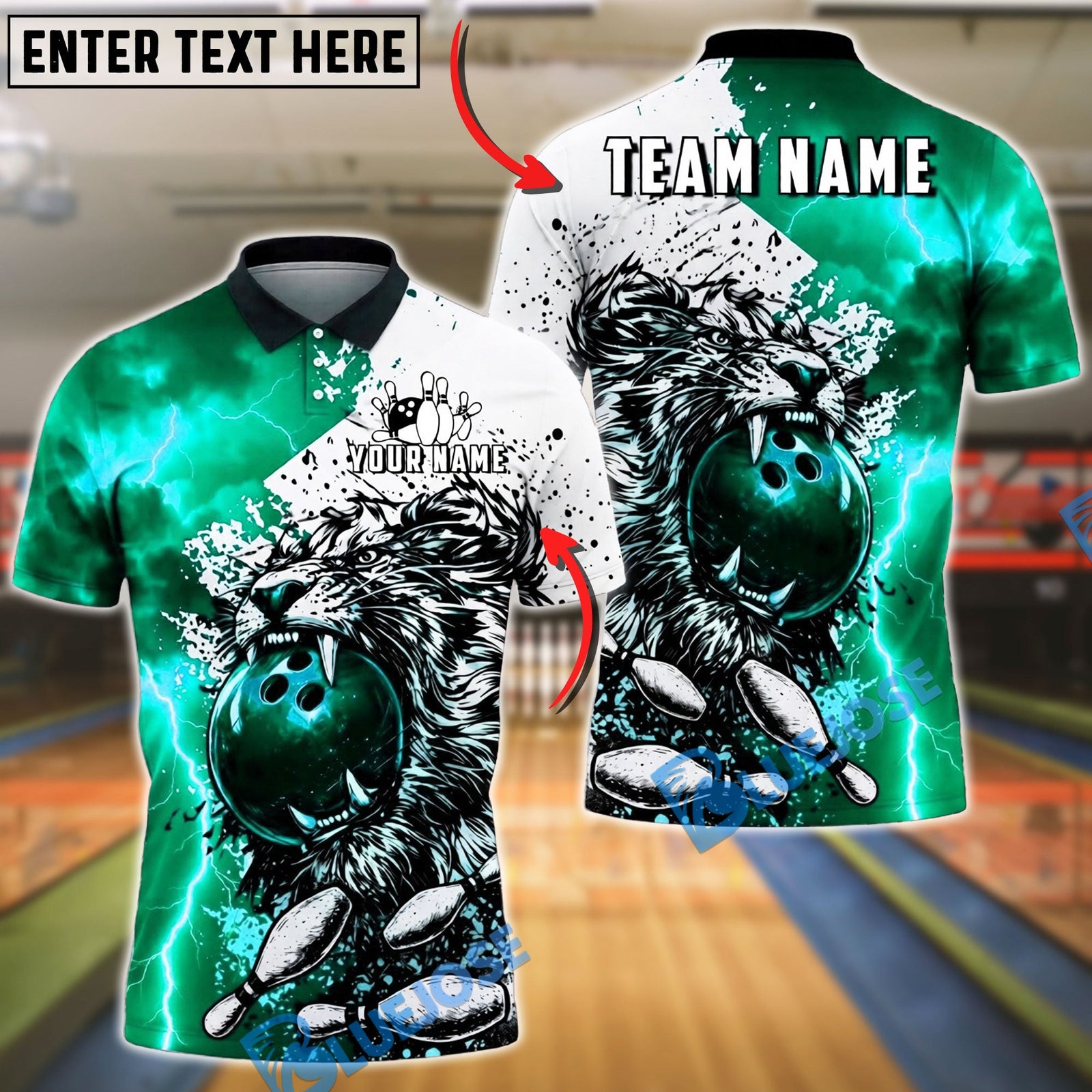 BlueJose Bowling And Pins Lion Lightning Fierce Style Customized Name, Team Name 3D Shirt (4 Colors)
