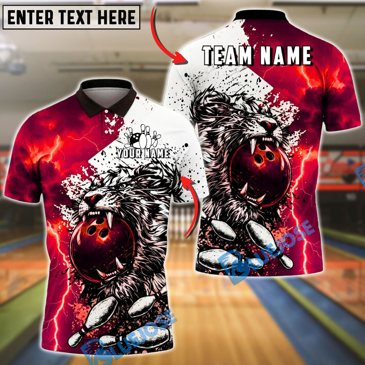 BlueJose Bowling And Pins Lion Lightning Fierce Style Customized Name, Team Name 3D Shirt (4 Colors)