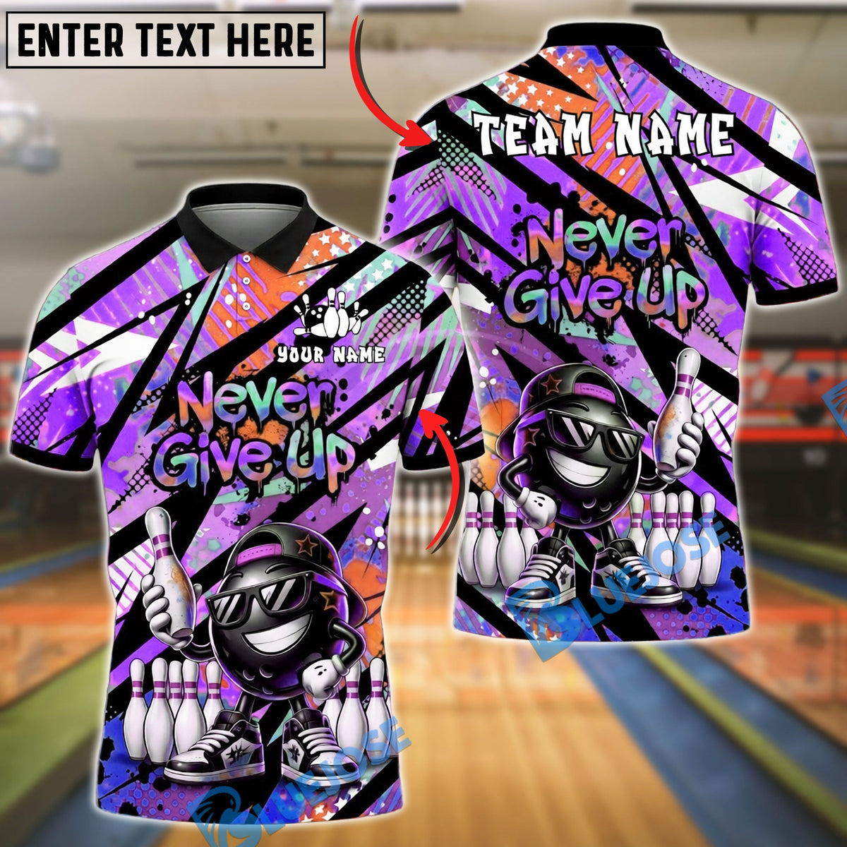 BlueJose Bowling And Pins Star Mark Never Give Up Retro Graffiti Style Customized Name, Team Name 3D Shirt (4 Colors)