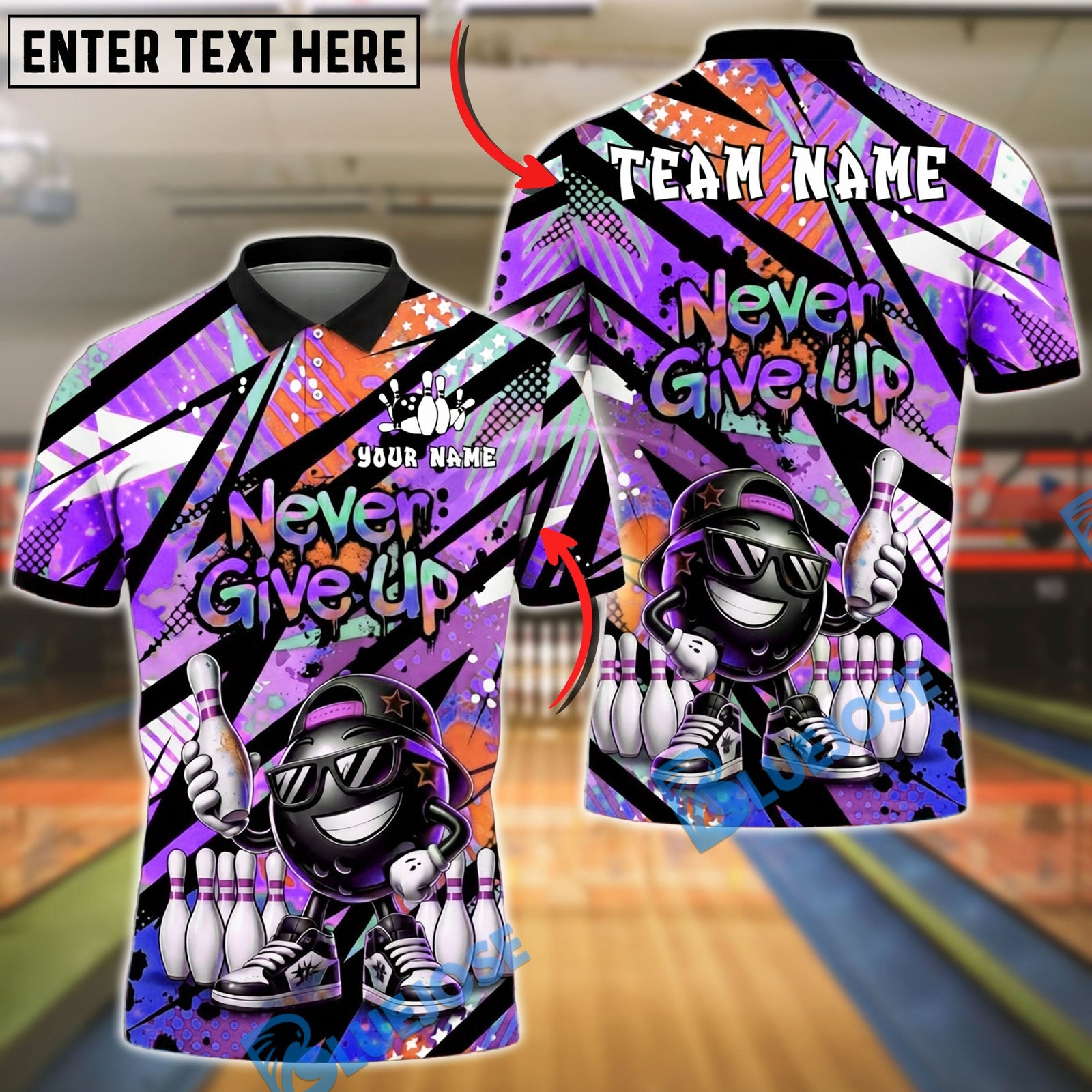 BlueJose Bowling And Pins Star Mark Never Give Up Retro Graffiti Style Customized Name, Team Name 3D Shirt (4 Colors)
