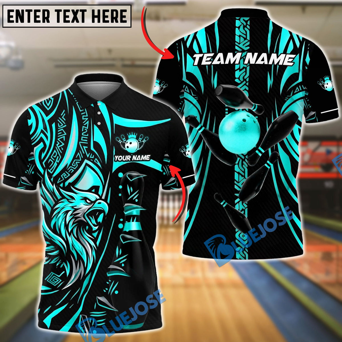 BlueJose Bowling And Pins Eagle Tribal Gold Black Customized Name, Team Name 3D Shirt (6 Colors)