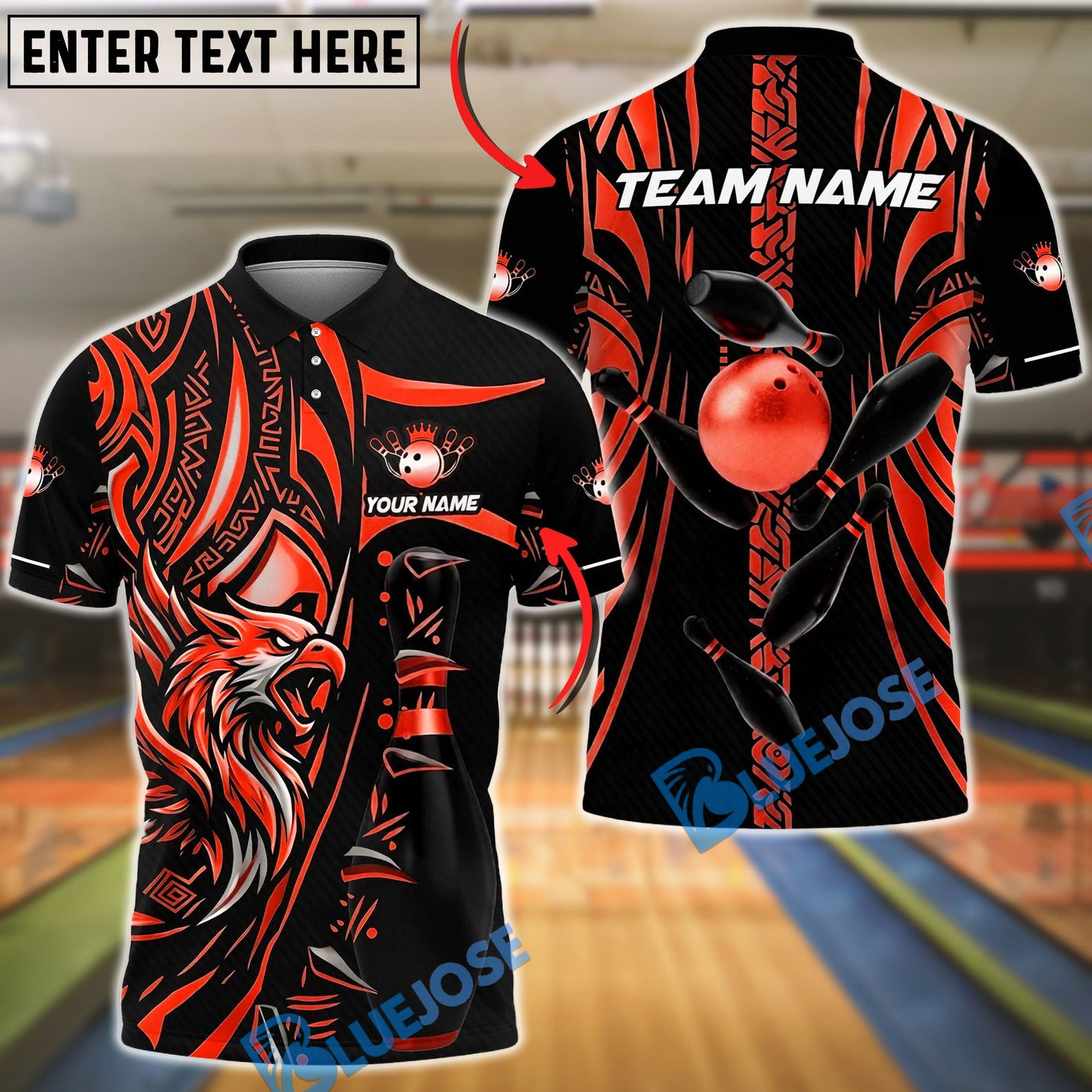 BlueJose Bowling And Pins Eagle Tribal Gold Black Customized Name, Team Name 3D Shirt (6 Colors)