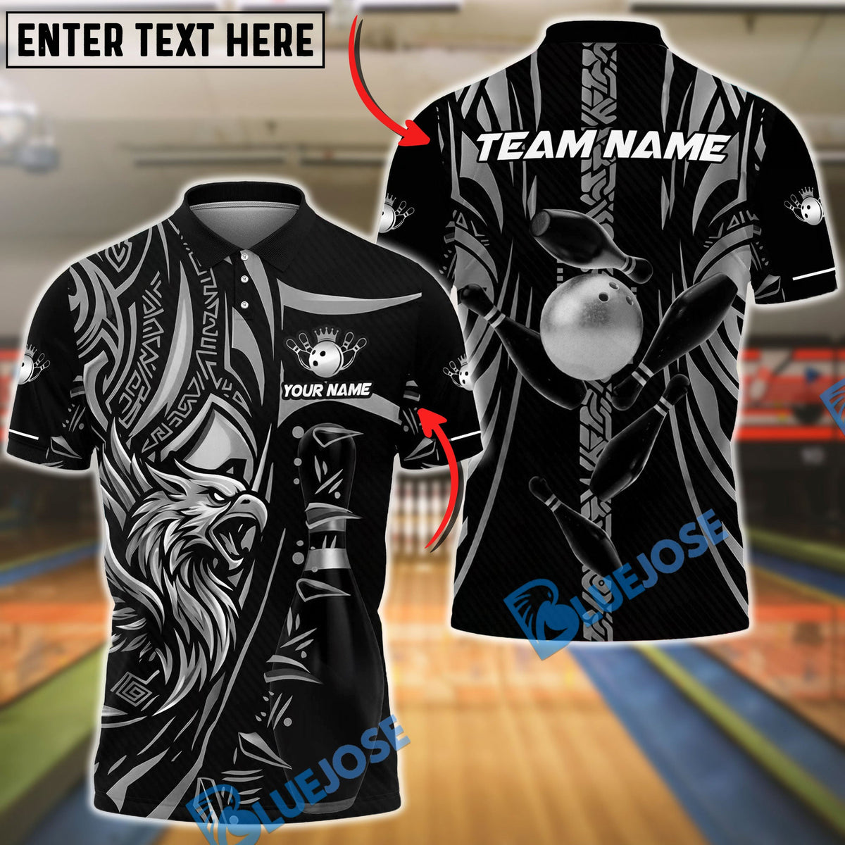 BlueJose Bowling And Pins Eagle Tribal Gold Black Customized Name, Team Name 3D Shirt (6 Colors)